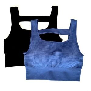 Yogalicious Blue and Black Sports Bras set comfortable casual activewear.